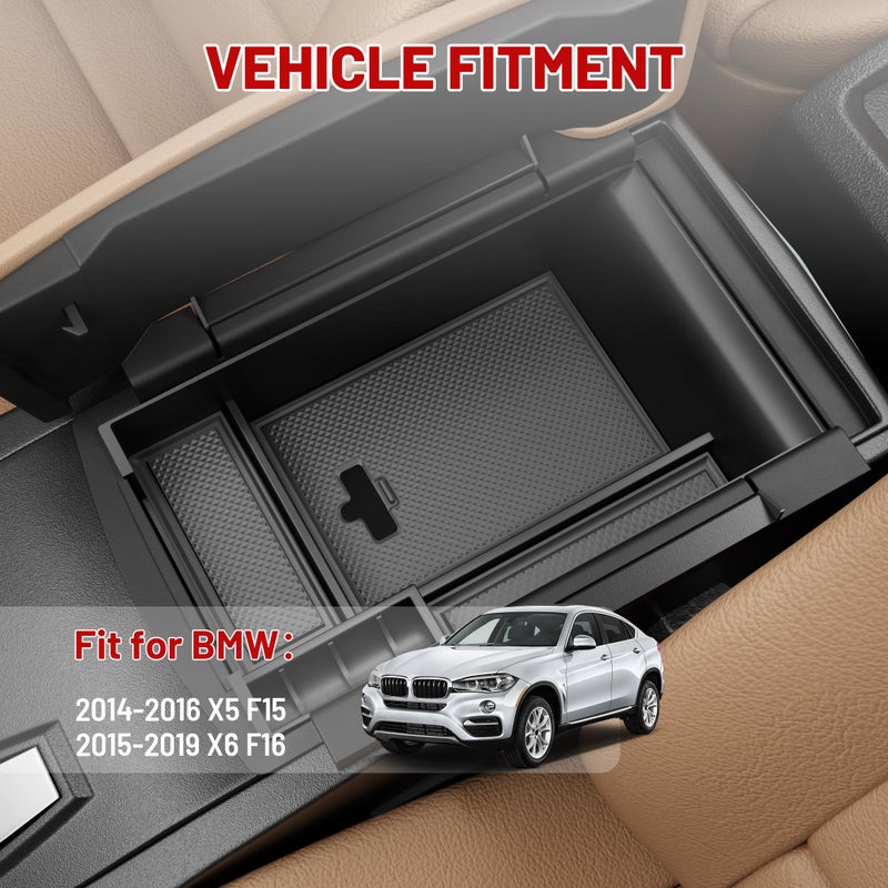 RED WOLF صينية تنظيم كونسول وسط RED WOLF لسيارات BMW 2014-2016 X5 F15 2015-2019 X6 F16 صندوق مسند الذراع تخزين ثانوي مع فتحة محفوظة لكابل الشحن تتطابق تمامًا - Image 2